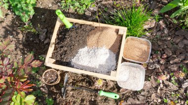 Vermicompost, biyohumus, vermikülit ve agroperlitten tohum nakli ve tohum ekimi için toprak karışımının hazırlanması. Bahçede sebze yetiştirmek için doğal biyolojik gübreler..
