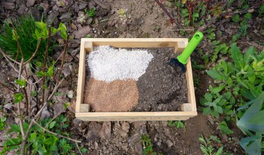 Toprak karışımının bileşenleri: vermikülit, agroperlit, vermicompost, gübre, sebze yetiştirmek için biyohumus ve fideleri ahşap bir kutuda veya bahçede yetiştirmek için sandık..