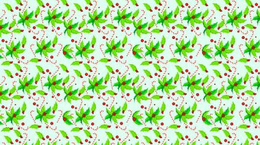 Yeşil yapraklı, kırmızı böğürtlenli, bastonlu Noel deseni