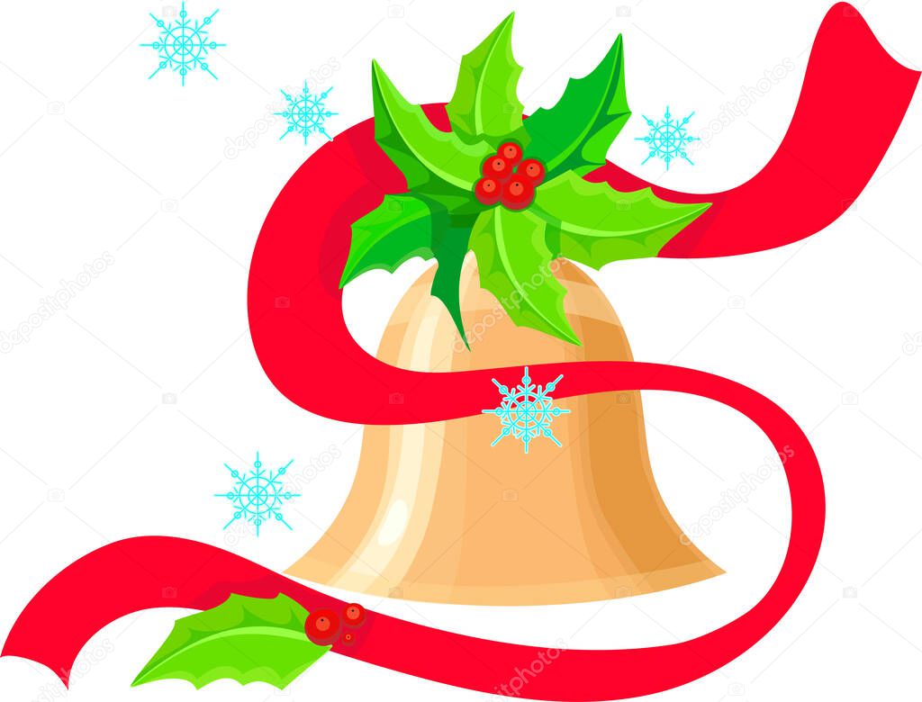 Golden Christmas bell decorated with holly and red ribbon