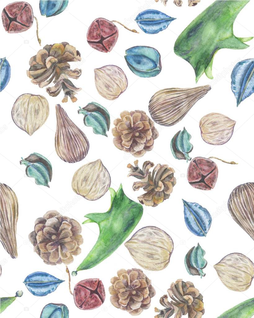 Seamless pattern with pine cones, Christmas bells. Hand drawn sketch illustration.