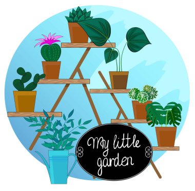 Elle çizilmiş küçük bahçem daire çerçevesi ve saksılarda bitkiler.