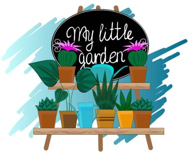 Elle çizilmiş küçük bahçem daire çerçevesi ve saksılarda bitkiler.