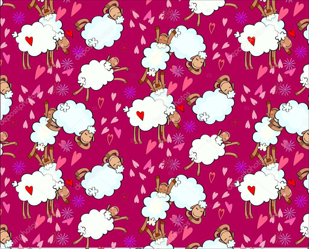 Seamless bedtime pattern with a cute sheep and the sleepy moon.