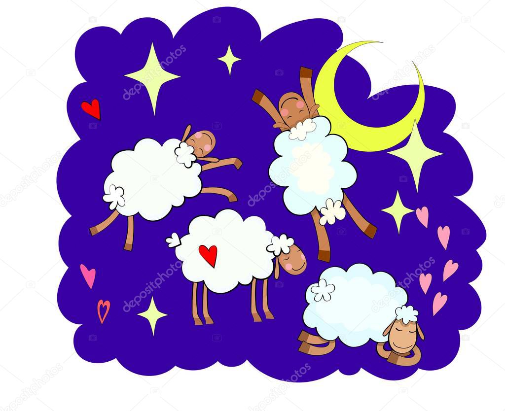 Hand drawn illustration with sheep, moon, stars and lhearts. Colorful cute background vector.