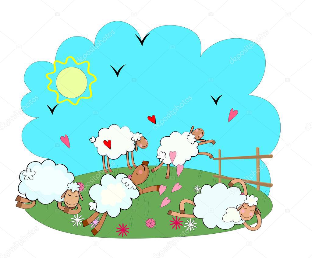 Hand drawn illustration with sheep, sun, dirds and hearts. Colorful cute background vector.