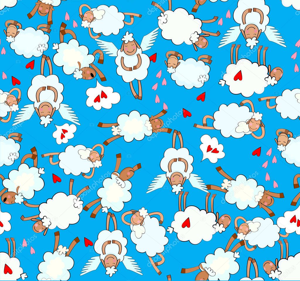 Hand drawn illustration pattern with sheep and hearts. Colorful cute background .