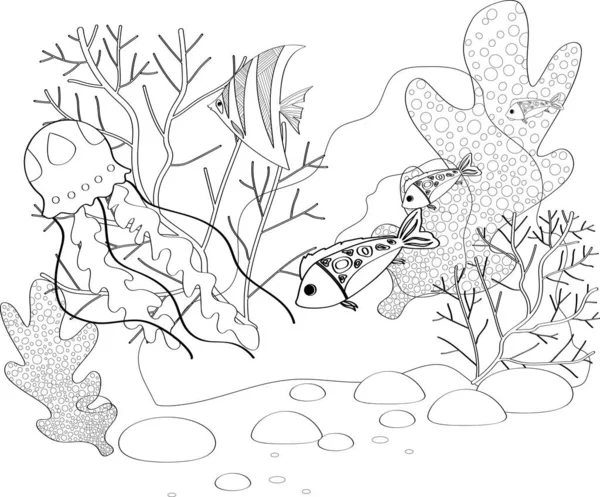 Poissons, coquillages, algues et coraux dessinés en style line art sur fond blanc . — Image vectorielle