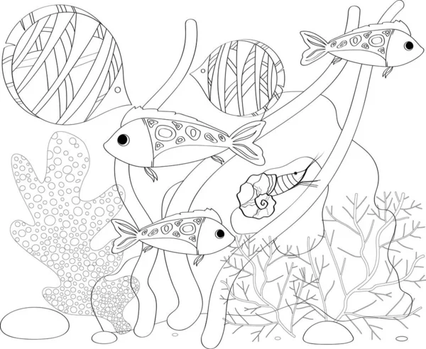 Peixes, conchas, algas marinhas e corais desenhados em estilo de arte de linha sobre fundo branco . — Vetor de Stock