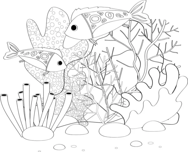 Fish, seashells, seaweed and corals drawn in line art style on white background. — 스톡 벡터