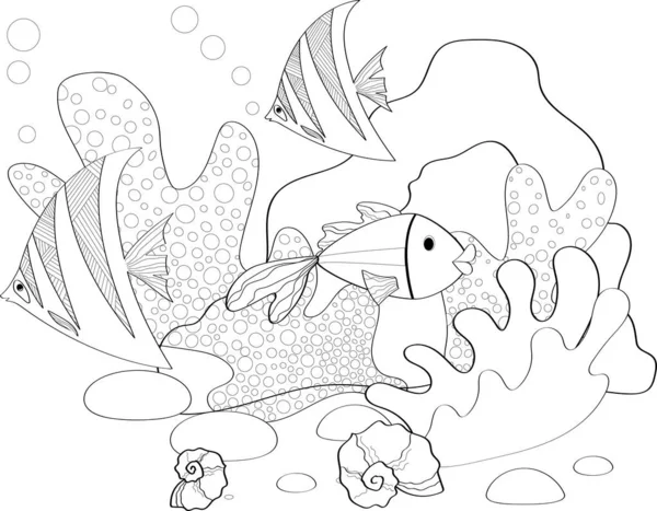 Poissons, coquillages, algues et coraux dessinés en style line art sur fond blanc . — Image vectorielle