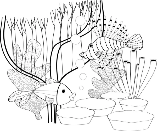 Pescado, conchas marinas, algas y corales dibujados en estilo de arte en línea sobre fondo blanco . — Vector de stock