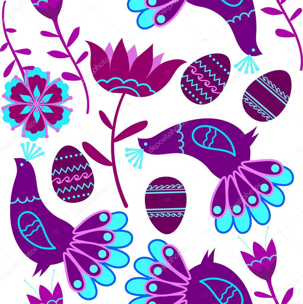 Easter violet vector flowers, birds and eggs
