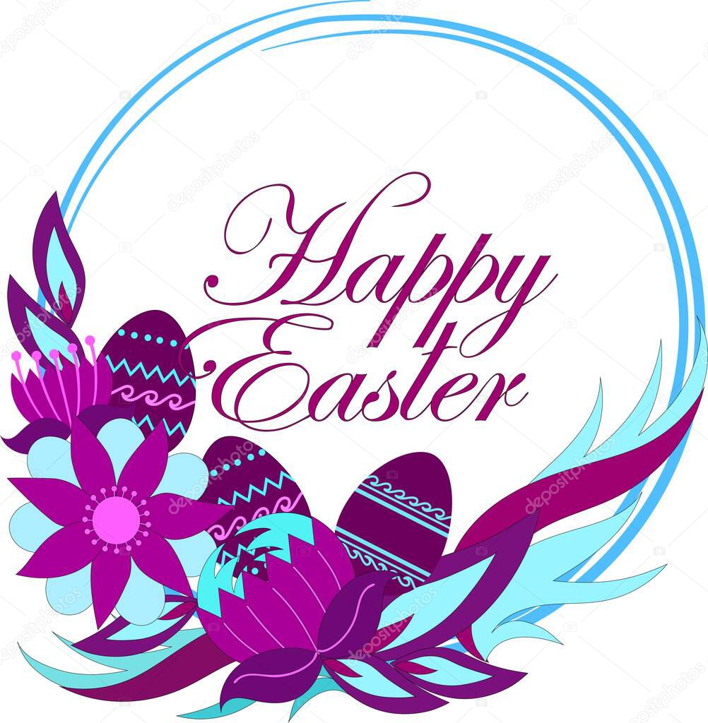 Easter violet vector flowers and eggs in the circle
