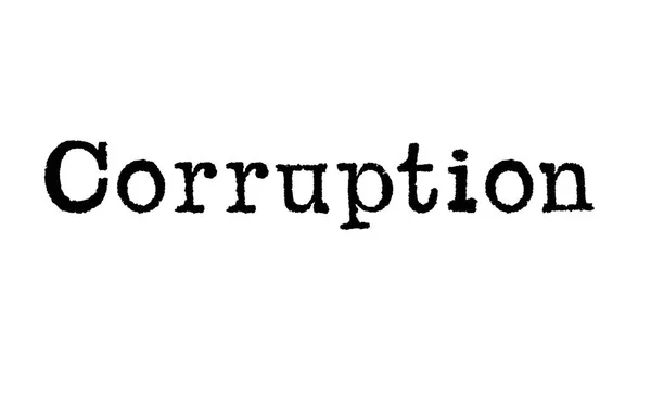 Słowa Korupcja Maszyny Pisania Białym Tle — Zdjęcie stockowe
