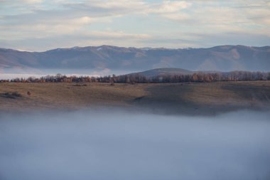 Güneş son ışınları güneşlenmek için sis dışına taşıyorsa bir sırt