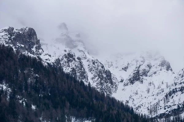 Paisaje de montaña con picos alpinos envueltos en niebla — Foto de Stock