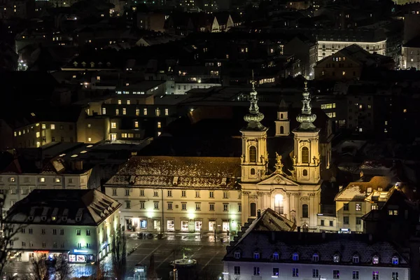 Грац Австрия 2018 Площадь Лендплац Церковь Мариахильфе Ночью — стоковое фото
