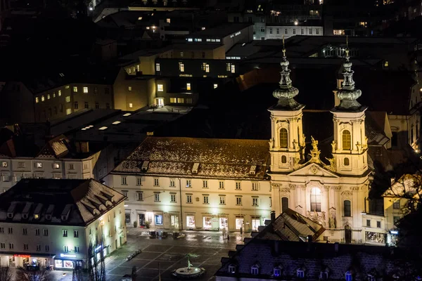 Graz Österreich 2018 Flutlichter Erleuchten Die Mariahilfenkirche Einer Kalten Winternacht — Stockfoto
