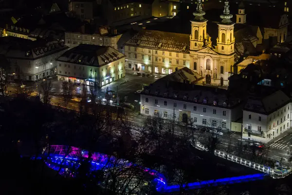 Грац Австрия 2018 Освещённый Мост Мюринзель Церковь Мариахильфе Ночью — стоковое фото