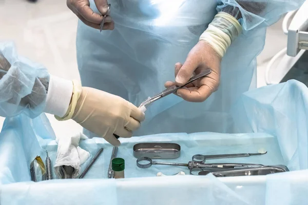 Close-up das mãos de um cirurgião dentista sobre a implantação, com instrumento dentário e modelo cirúrgico — Fotografia de Stock