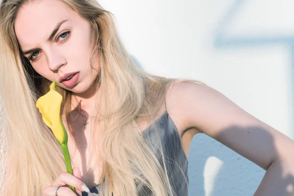 Stylisches, schönes blondes Mädchen mit einer Blume in den Händen, vor dem Hintergrund eines geometrischen Musters — Stockfoto