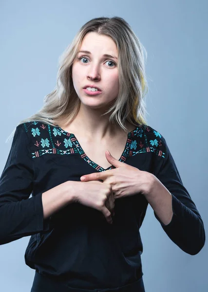 Closeup portrait of a girl, on an isolated gray background. Human face expression, emotions, feeling attitude reaction — 스톡 사진