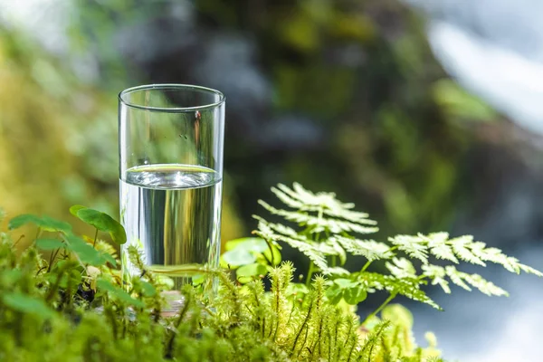 Acqua naturale in un bicchiere, sullo sfondo della natura e di un fiume di montagna, il concetto di corretta alimentazione — Foto Stock