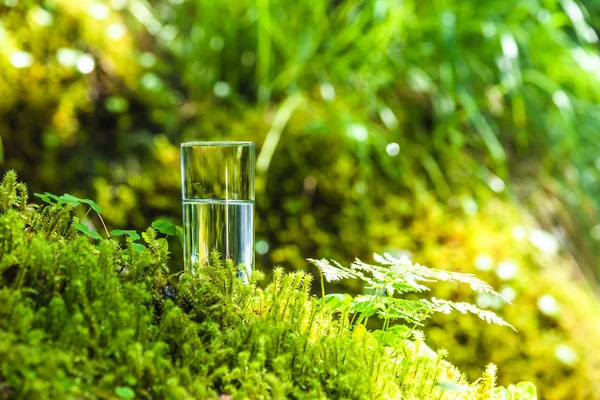 Acqua naturale in un bicchiere, sullo sfondo della natura e di un fiume di montagna, il concetto di corretta alimentazione — Foto Stock