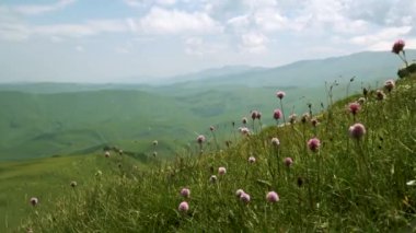 Dağlardaki yaz manzarası ve bulutlu koyu mavi gökyüzü.