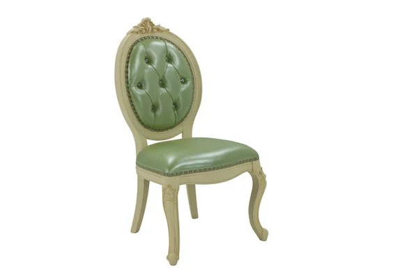 Béžová Dřevěná Židle Měkkým Zeleným Sedadlem Opěradlem Bílém Pozadí — Stock fotografie