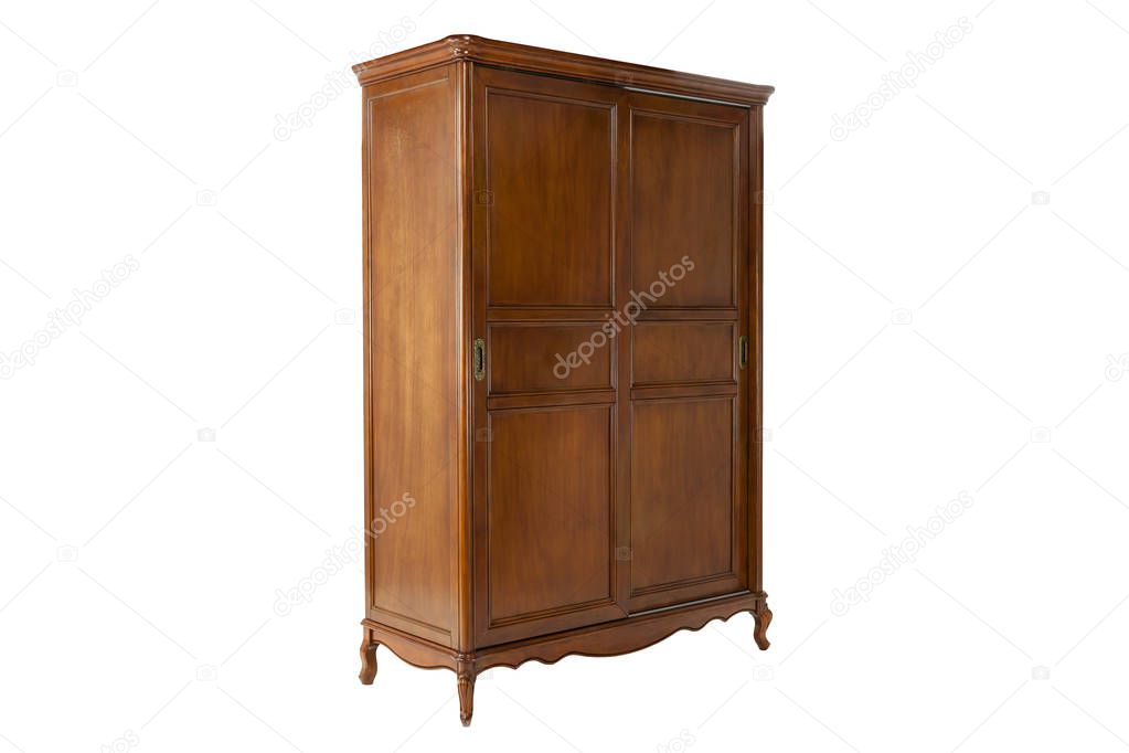 brown wooden wardrobe with two doors on a white background