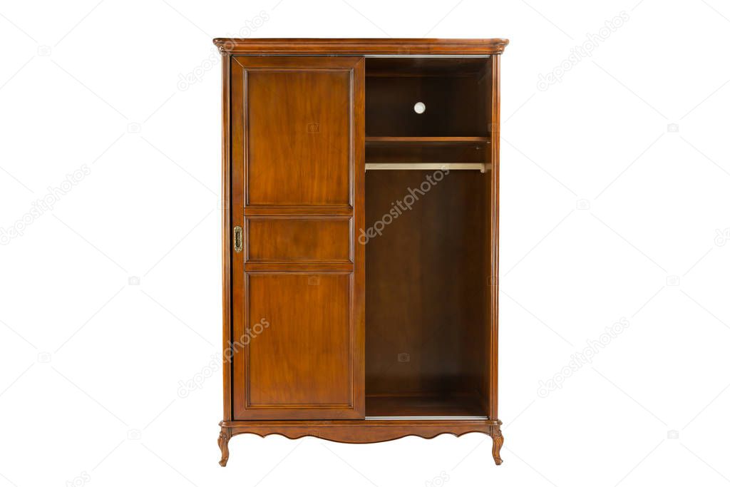 brown wooden wardrobe with two doors on a white background