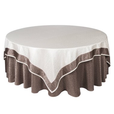 yuvarlak masa, beyaz ve kahverengi masa örtüsü.