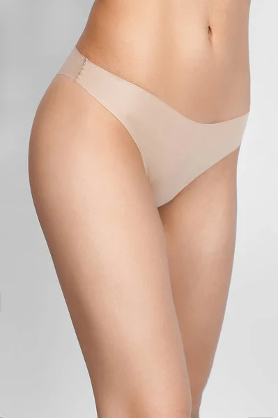 Woman Beige Body Shorts Gray Background — Stock Photo, Image