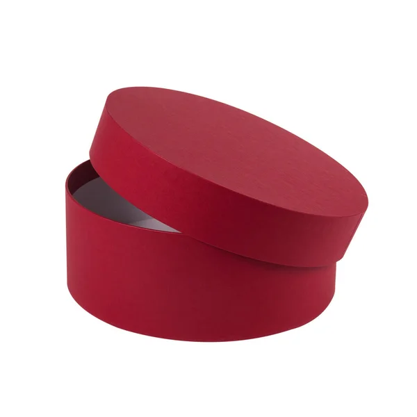 白い背景に蓋付きの赤い丸い段ボール箱 — ストック写真
