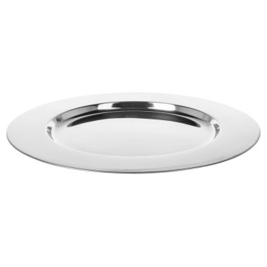 Lüks gümüş bir tabak. Yan görüş. Yuvarlak gümüş plaka beyaz arka planda izole edilmiş..