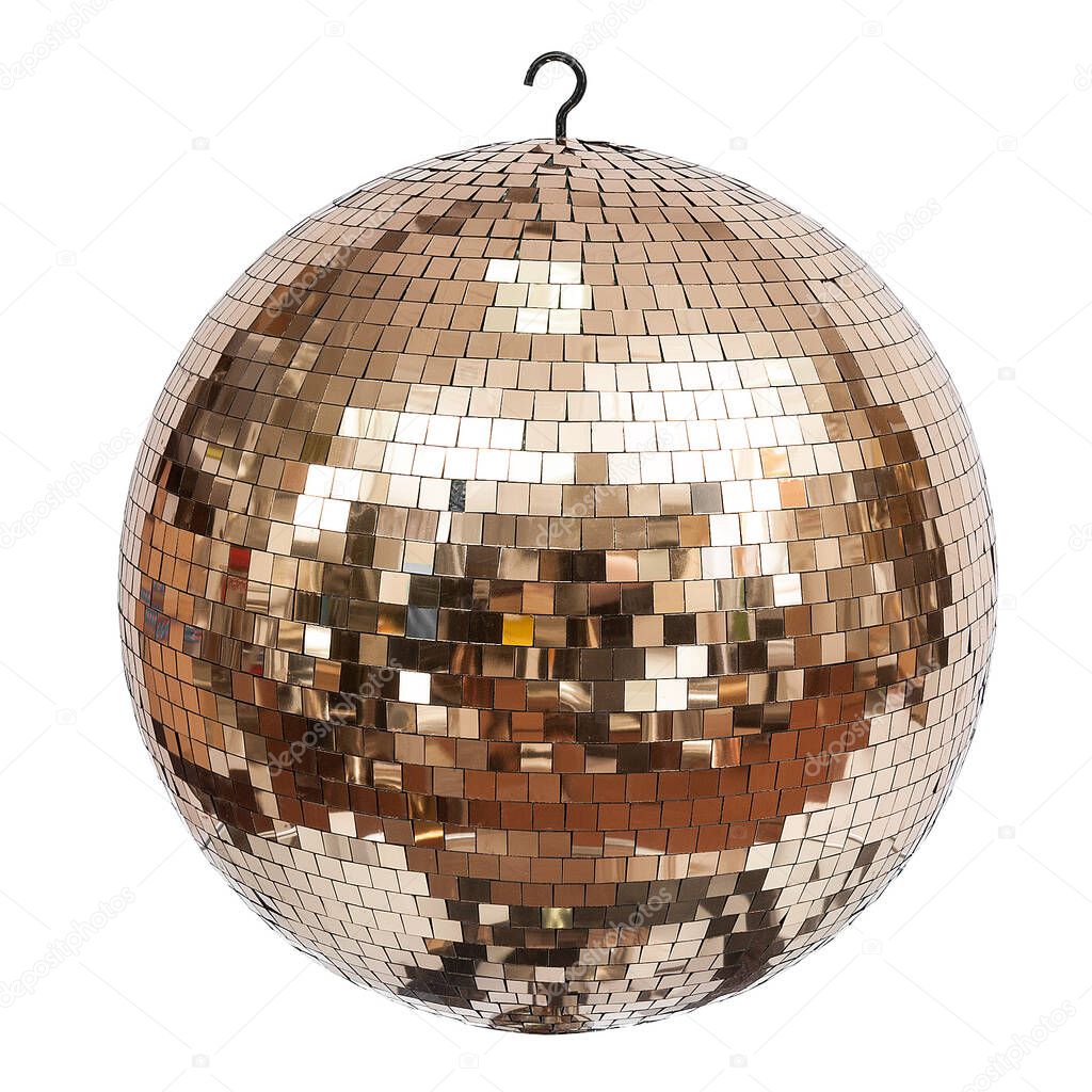Golden disco ball isolated on white background