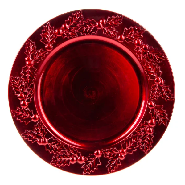 Placa Vermelha Luxo Com Padrão Vista Cima Placa Redonda Natal — Fotografia de Stock