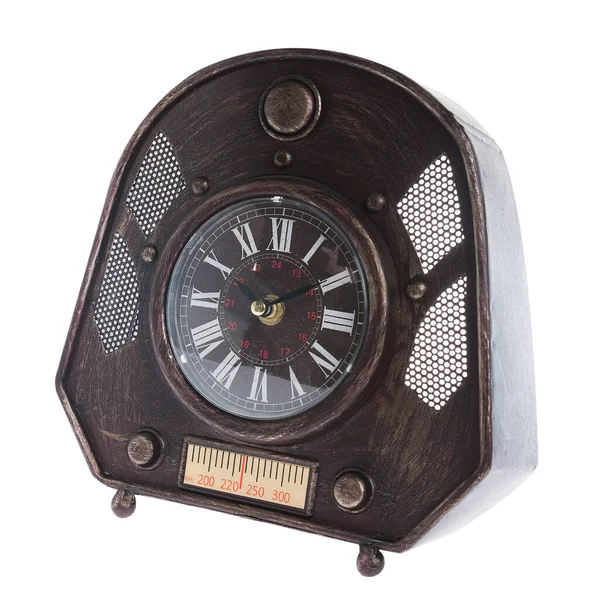 Horloge Vintage Avec Radio Isolé Sur Fond Blanc — Photo