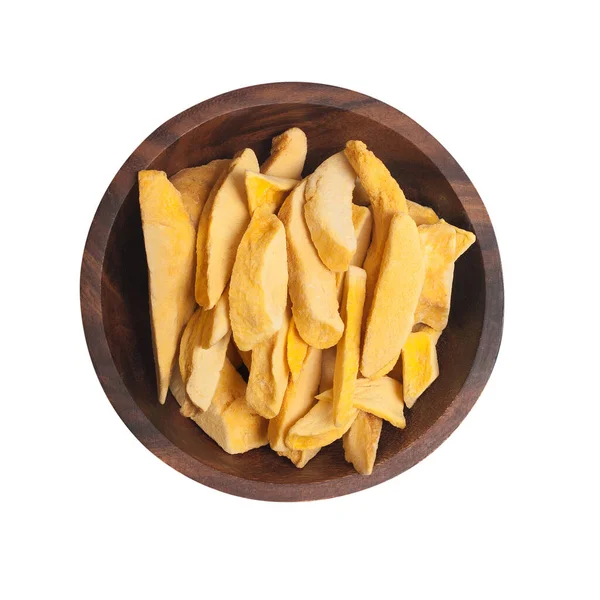 Gedroogde Mango Een Bruine Houten Plaat Gedroogde Vruchten Mango Chips — Stockfoto