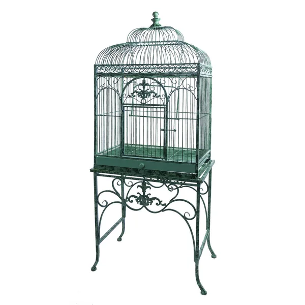 Cage Métallique Pour Oiseaux Sur Les Pattes Vert Isolé Sur — Photo