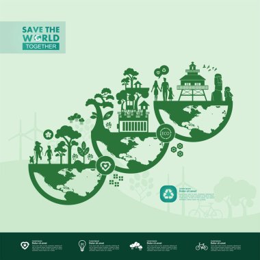 Yeşil ekoloji vektörü illüstrasyonuyla birlikte dünyayı kurtarın.