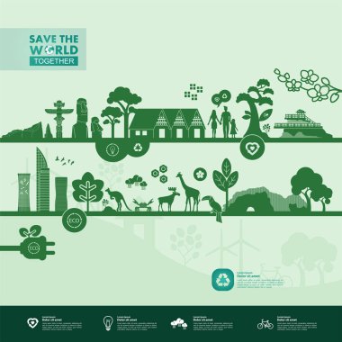 Yeşil ekoloji vektörü illüstrasyonuyla birlikte dünyayı kurtarın.