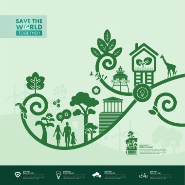 Yeşil ekoloji vektörü illüstrasyonuyla birlikte dünyayı kurtarın.