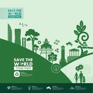 Yeşil ekoloji vektörü illüstrasyonuyla birlikte dünyayı kurtarın.
