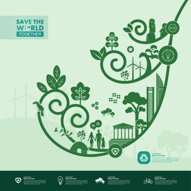 Yeşil ekoloji vektörü illüstrasyonuyla birlikte dünyayı kurtarın.
