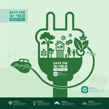 Yeşil ekoloji vektörü illüstrasyonuyla birlikte dünyayı kurtarın.