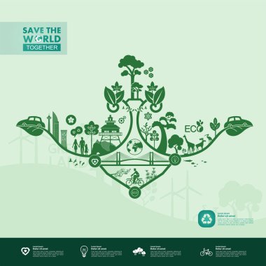 Yeşil ekoloji vektörü illüstrasyonuyla birlikte dünyayı kurtarın.