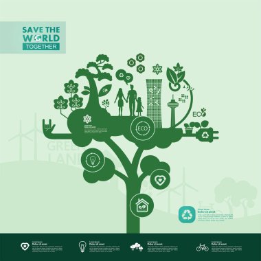Yeşil ekoloji vektörü illüstrasyonuyla birlikte dünyayı kurtarın.